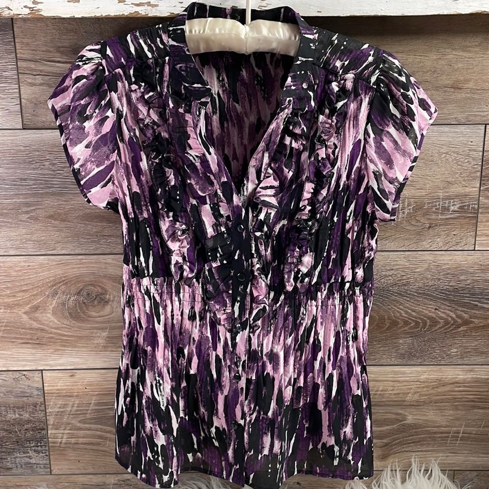 Nue Options Ladies Ruffled Dress Blouse Top, Size Medium, Pink, Plum & Black